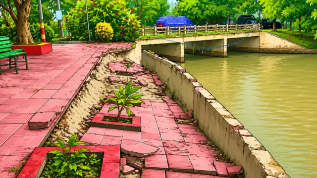 বৃষ্টিতেই দেবে গেল সরমংলা খাড়ির ওয়াকওয়ে