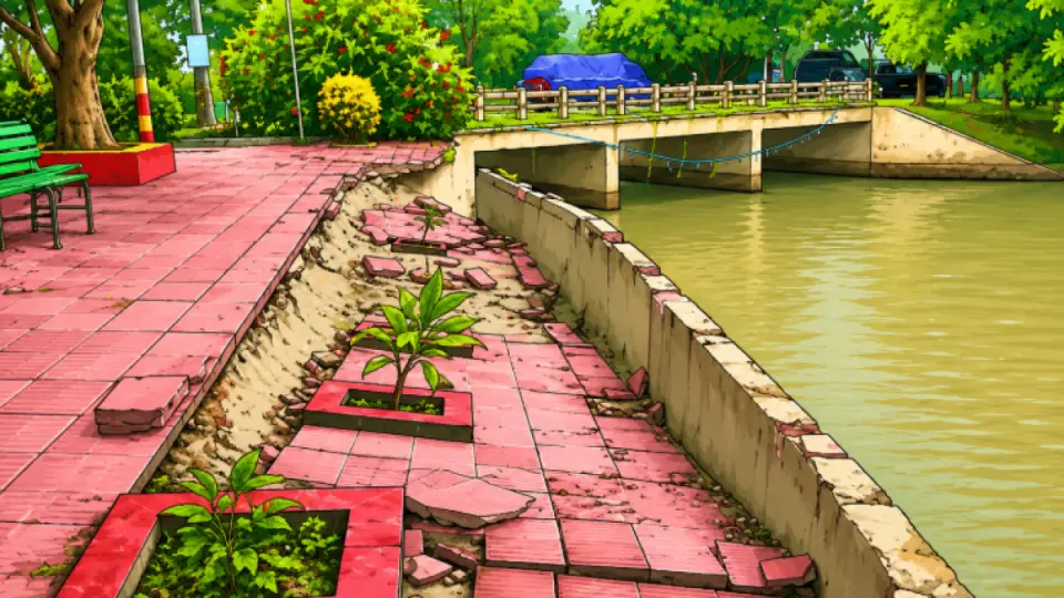বৃষ্টিতেই দেবে গেল সরমংলা খাড়ির ওয়াকওয়ে